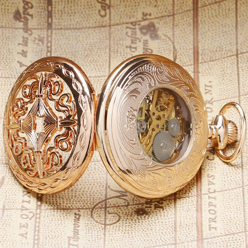 

Fashion Clock Rose Gold Hollow Skeleton Mechanical Pocket Watch Hand Wind Fob Watch Antique Gift With Chain Relogio De Bolso