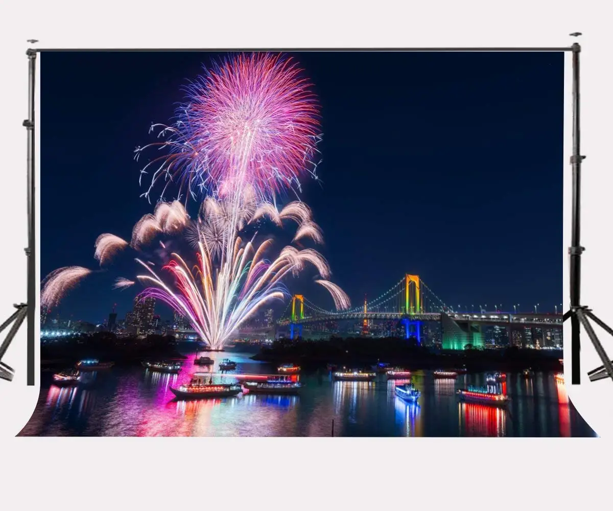 

150x210cm Colorful Fireworks Night View Backdrop Tokyo Rainbow Bridge Photography Background Weeding Party Celebration Party