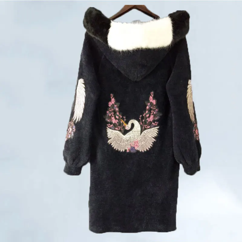 black Wing fur Модный толстый теплый вязаный кардиган из искусственной норки, пальто с капюшоном и вышивкой лебедя, Длинная женская куртка, осенне-зимняя ветровка - Цвет: black Wing fur