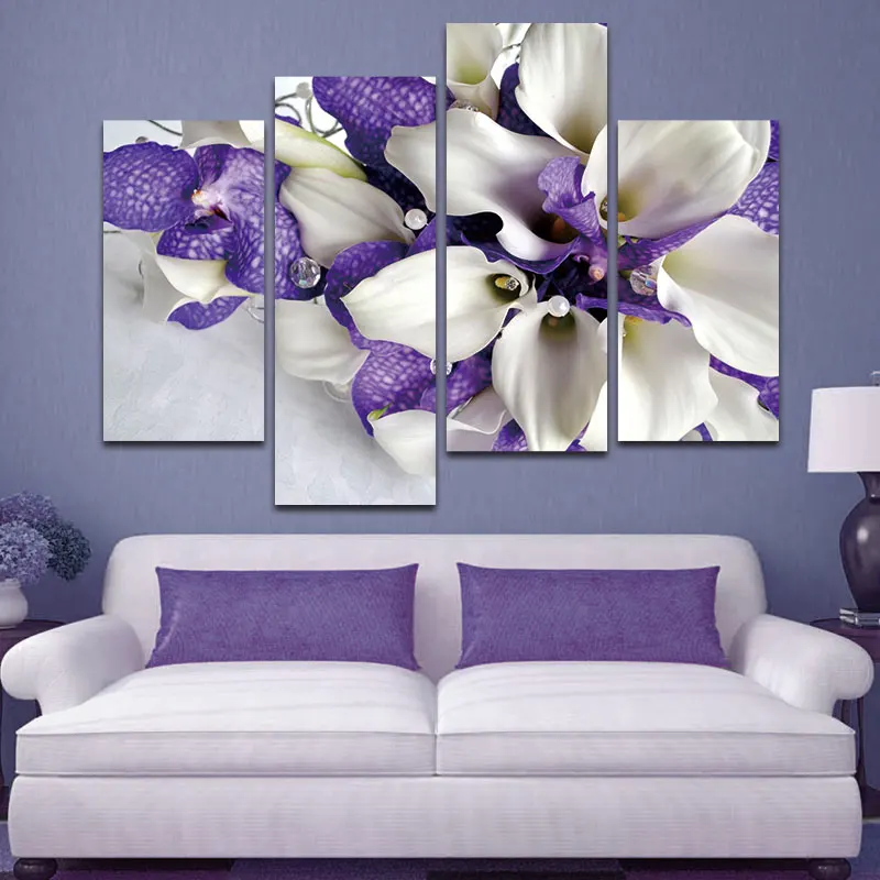 BANMU 4 Panels Purple&ampWhite Iris Wall Art Canvas Painting Nordic Floral Poster Home Decor for Livingroom Decoration | Дом и сад