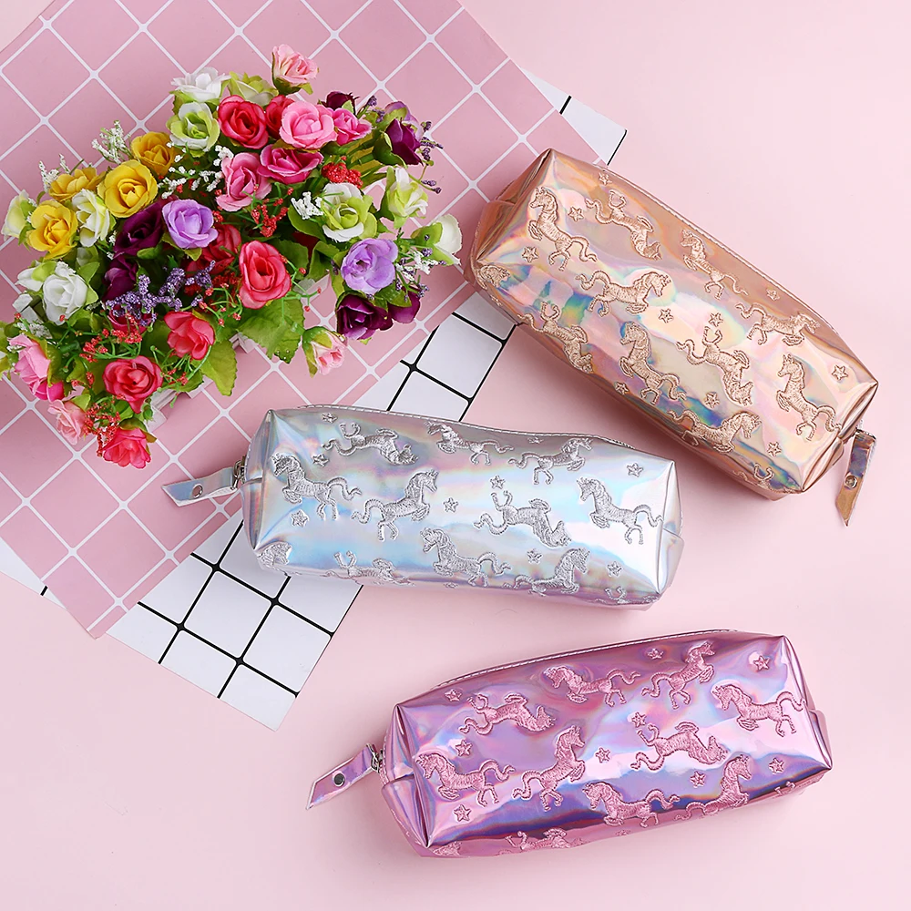 Embroidery Unicorn Pencil Case Laser Pen Bag Cosmetic Bag Stationery Makeup Pouch Coin Purse Large Capacity School Supplies