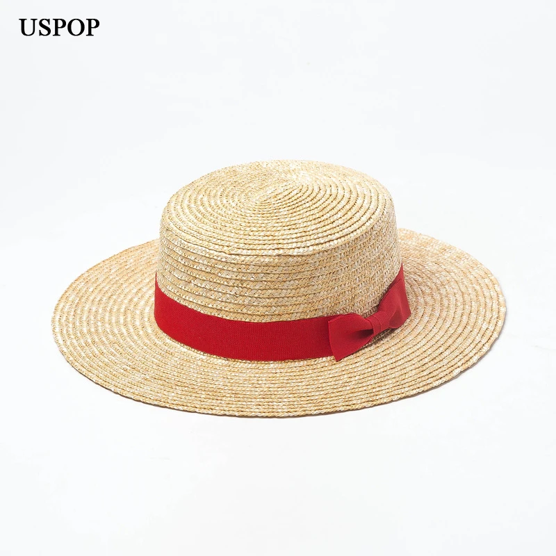 

USPOP new women natural straw hat wheat straw sun hat women summer flat top red bow-knot beach hat