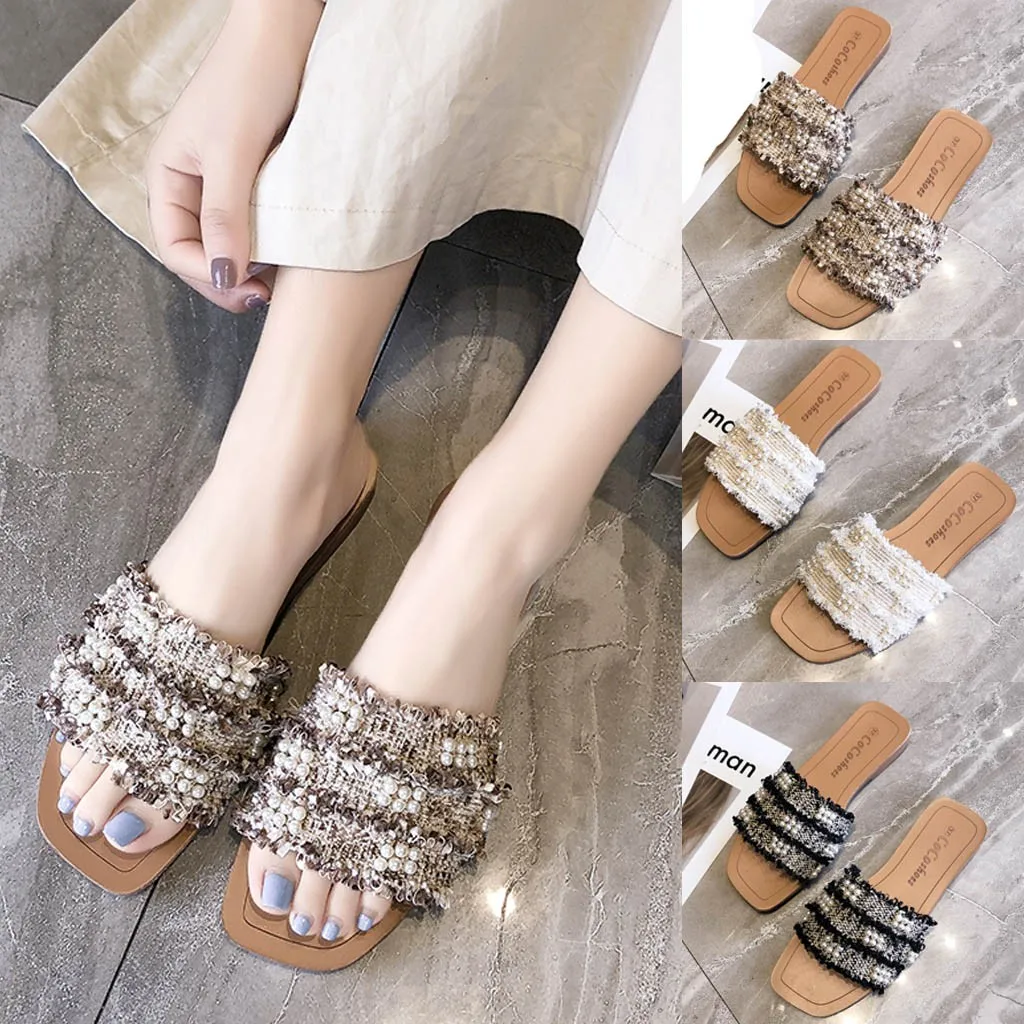 Женская Лоскутная Ткань перламутровые тапочки на плоской подошве летние модные