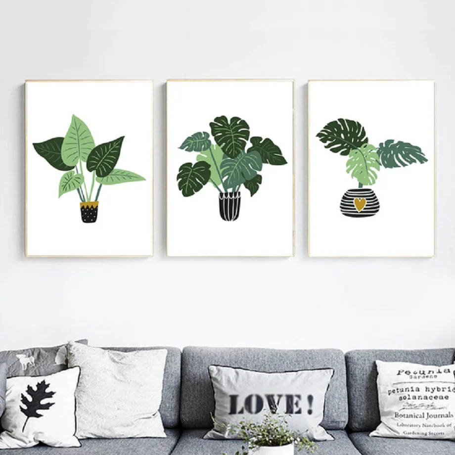 Мультфильм Тропическое растение Monstera большой лист настенная живопись холст