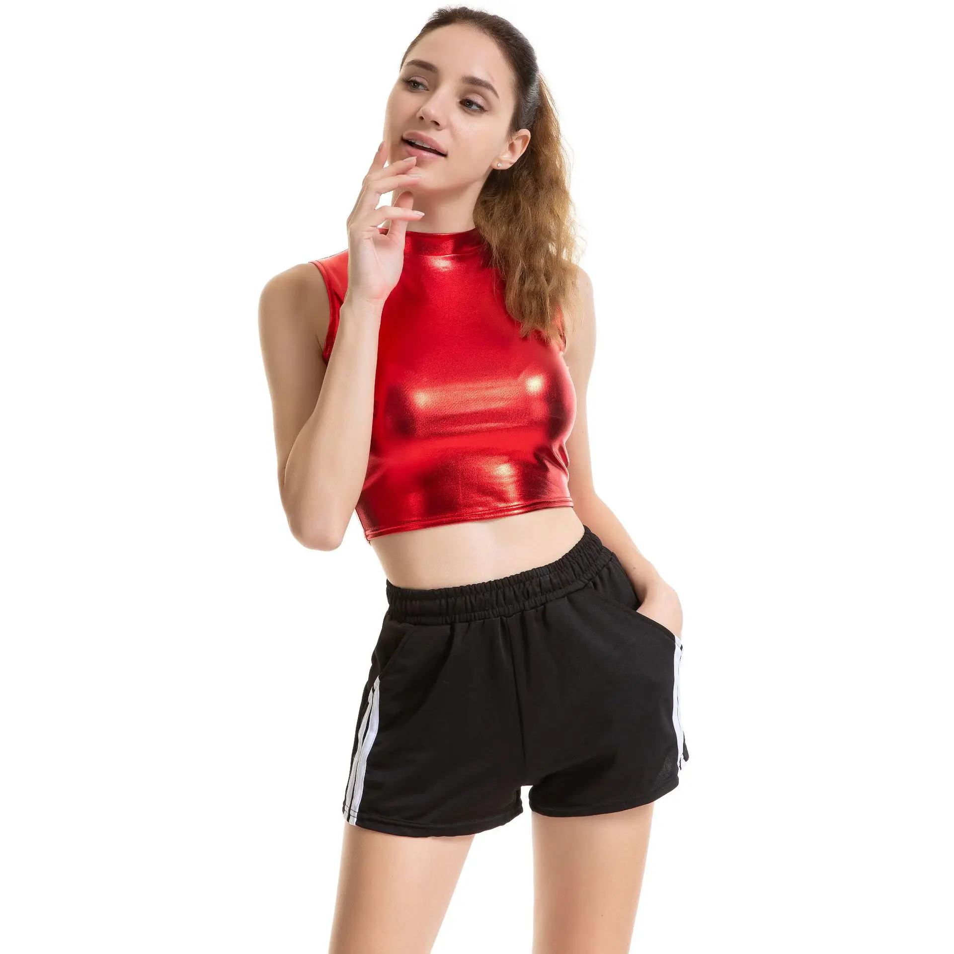 Женские с мокрым эффектом imitaion кожа Танк Bralette Топы женские короткие укороченный