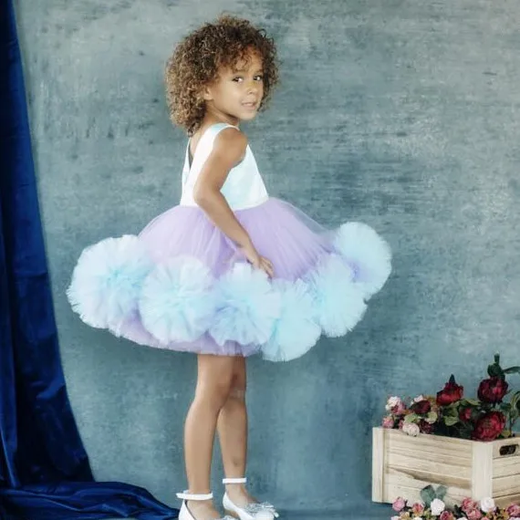 Short Puffy tulle Ruffles purple and blue flower girl dresses for dancing party Christmas ball gown kids baby birthday | Детская одежда