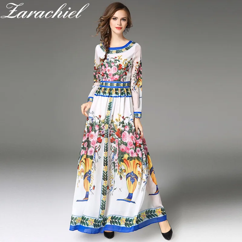 picture color Zarachiel Pre-весеннее дизайнерское женское элегантное платье в пол с цветочным принтом, длинное плиссированное платье, женское шифоновое платье Макси - Цвет: picture color