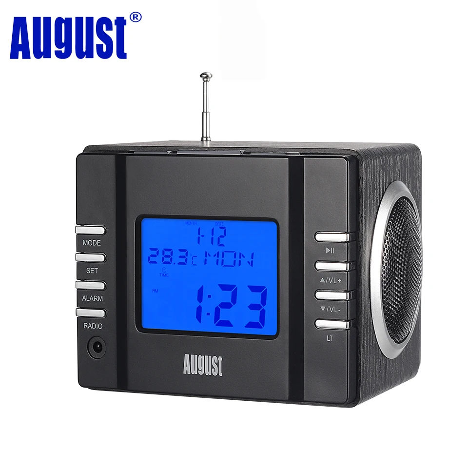 August MB300 деревянная мини стереосистема MP3 и FM радиочасы с SD картридером, разъемами USB и AUX(3.5 мм аудиовход), двумя громкими Hi-Fi динамиками, со встроенным аккумулятором и пультом управления