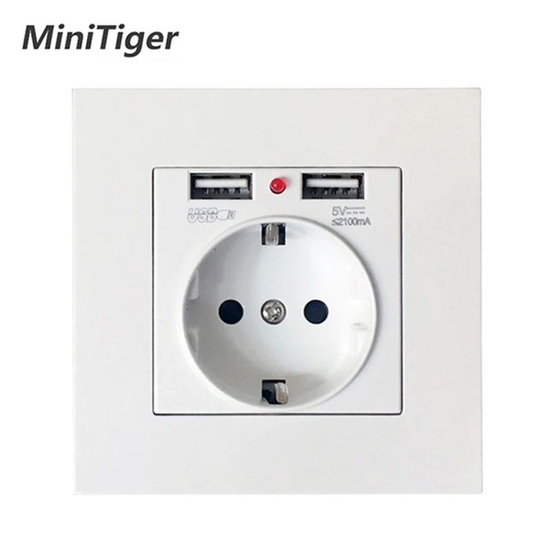 MiniTiger, двойной usb порт для зарядки, 5 В, 2.1A, настенное зарядное устройство, адаптер со светодиодным индикатором, 16A, европейская розетка, розетка, панель ПК
