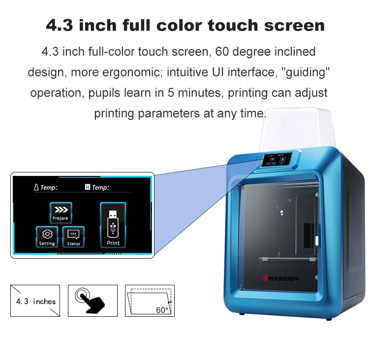3d принтер MakerPi K5 Plus с сенсорным экраном, интеллектуальное выравнивание, с wifi и камерой, температура сопла может прикрепить до 250 ℃