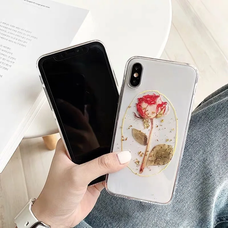 3D сушеные розы силиконовый чехол для телефона iphone 7 8 плюс 6 6s X XS Max XR ясно золотой