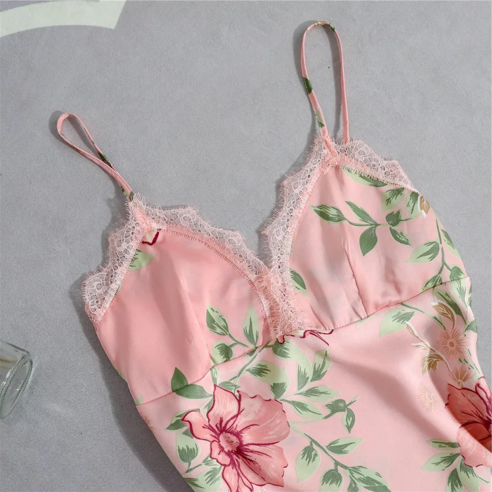 Daeyard Women's Pajamas Silk Floral Overall Print 5Pcs Pajama Set Satin Pyjamas Sexy Lingerie Lace Pijama Sleepwear Home Clothes