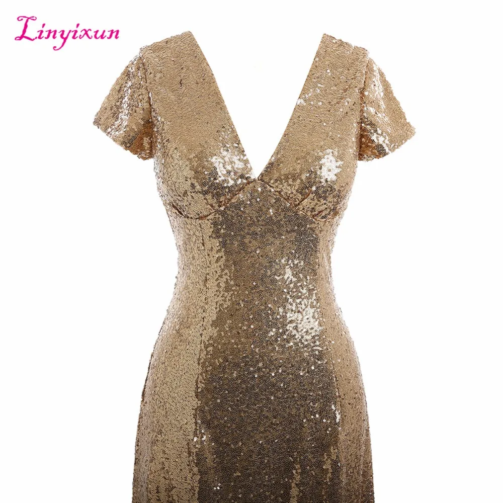 Платье подружки невесты Linyixun длинное платье цвета шампанского с блестками и