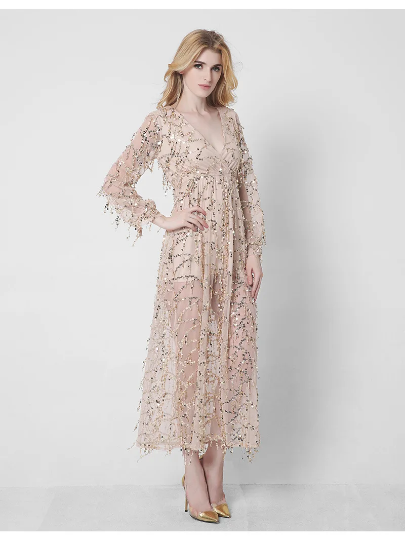 Сексуальная блестками женская dress глубокий v-образным вырезом элегантный длинные