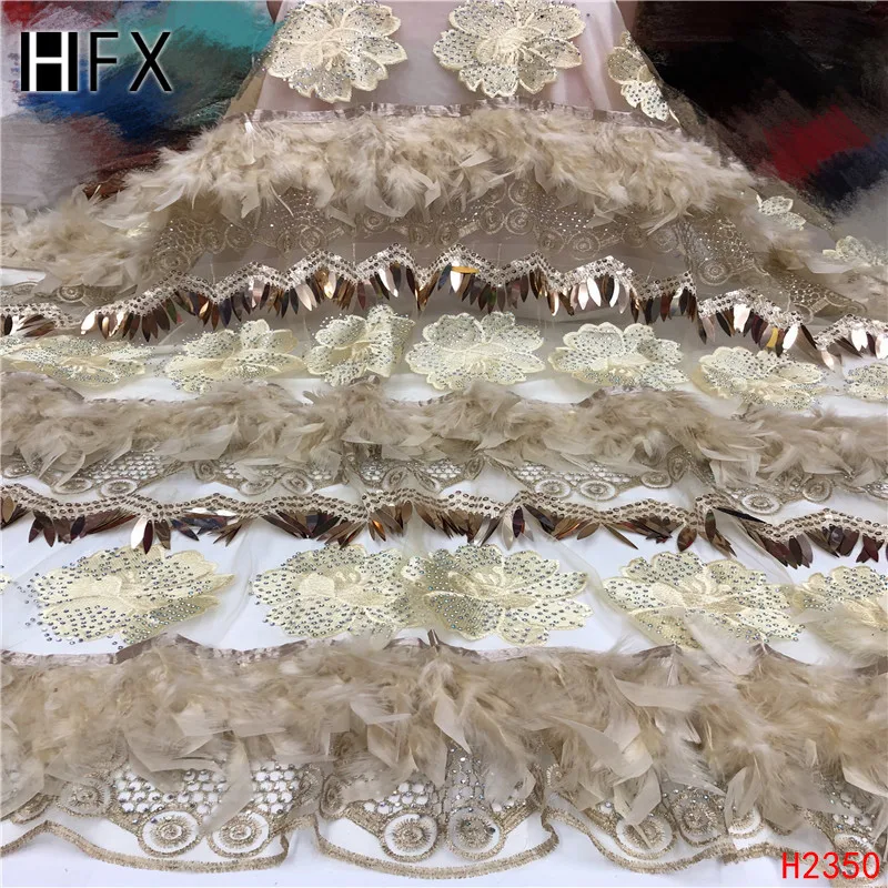 HFX элегантная ручная работа Цветочная вышивка перо 3D кружевная ткань с блестками для свадебного платья новое поступление F2350
