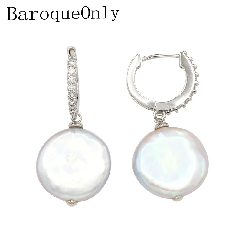 BaroqueOnly 14-16 мм плоские серьги-капли с жемчугом, Настоящее натуральное пресноводное жемчужное ювелирное изделие из стерлингового серебра 925 пробы