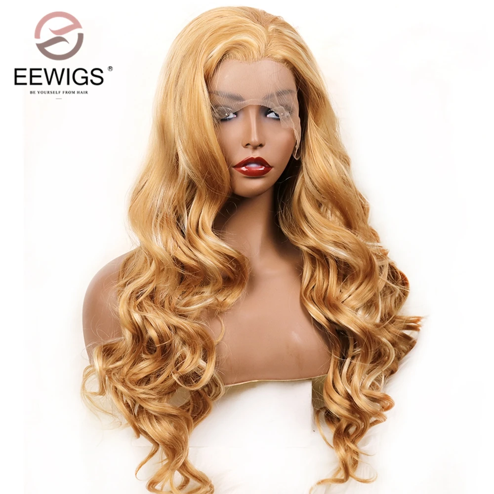 EEWIGS Glueless выделяет медовый блонд синтетический парик на кружеве термостойкие волокна 180 плотность длинные волнистые парики для черных женщин