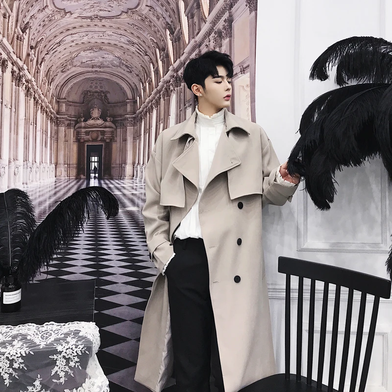 Тренчкот мужской длинный двубортный модное винтажное пальто в Корейском стиле