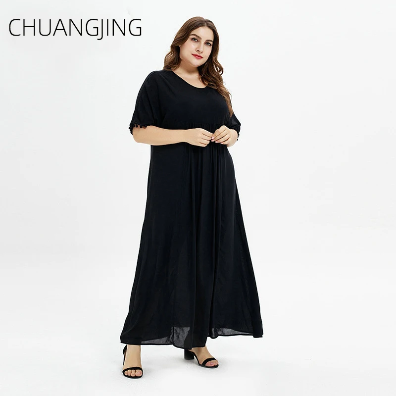 Женское платье большого размера летнее Новое повседневное однотонное черное с