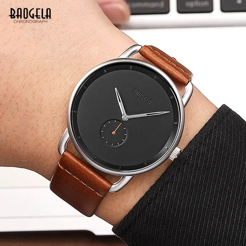 BAOGELA Men's Premium Simple Quartz Watches Casual Leather Strap Minimalism Waterproof Wristwatch for Man 1806Dark Brown | Наручные