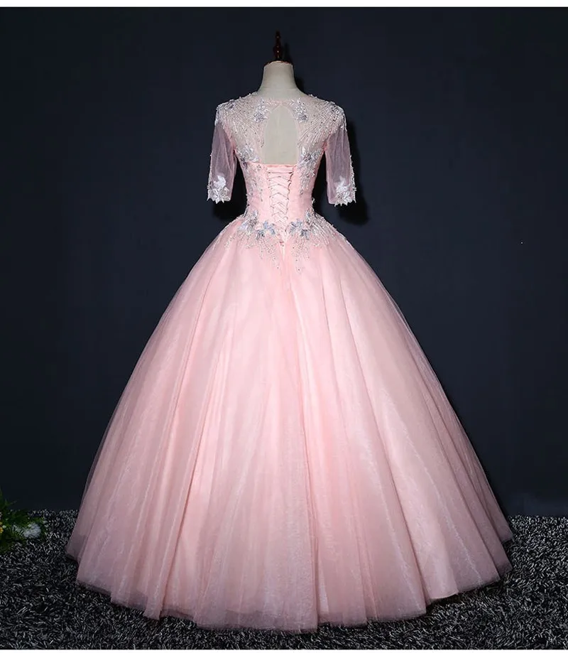 Новые розовые платья Quinceanera мяч халат с рукавами до локтя Сладкий 16 платья светится в течение 15 лет Дешевые Длинные платье для выпускного вечера и фуршетов великолепные