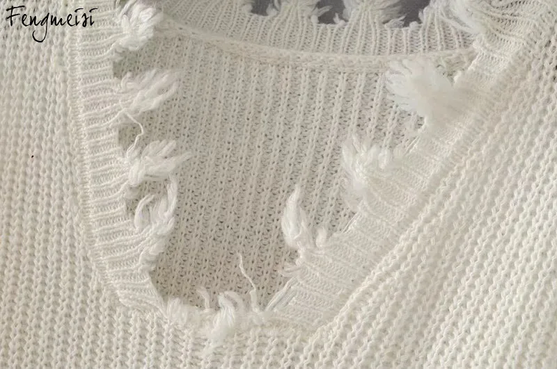 Fengmeisi knitted sweater women pullover female Casual loose V neck ripped tassel autumn pull femme knit jumper P2607 | Женская одежда