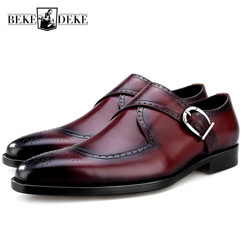 

British Style Business Genuine Leather Mens Office Formal Footwear Pointed Buckle Strap Handmade Male Brogue Flats Dress Shoes
