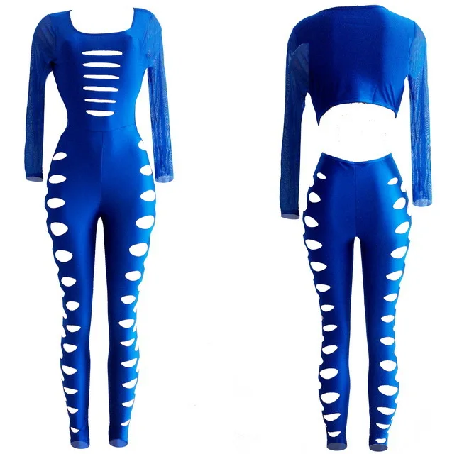 New Women Sexy Celebrity Blue Mesh Long Sleeve Cut Out Bandage Club Jumpsuit Catsuit Overall |
