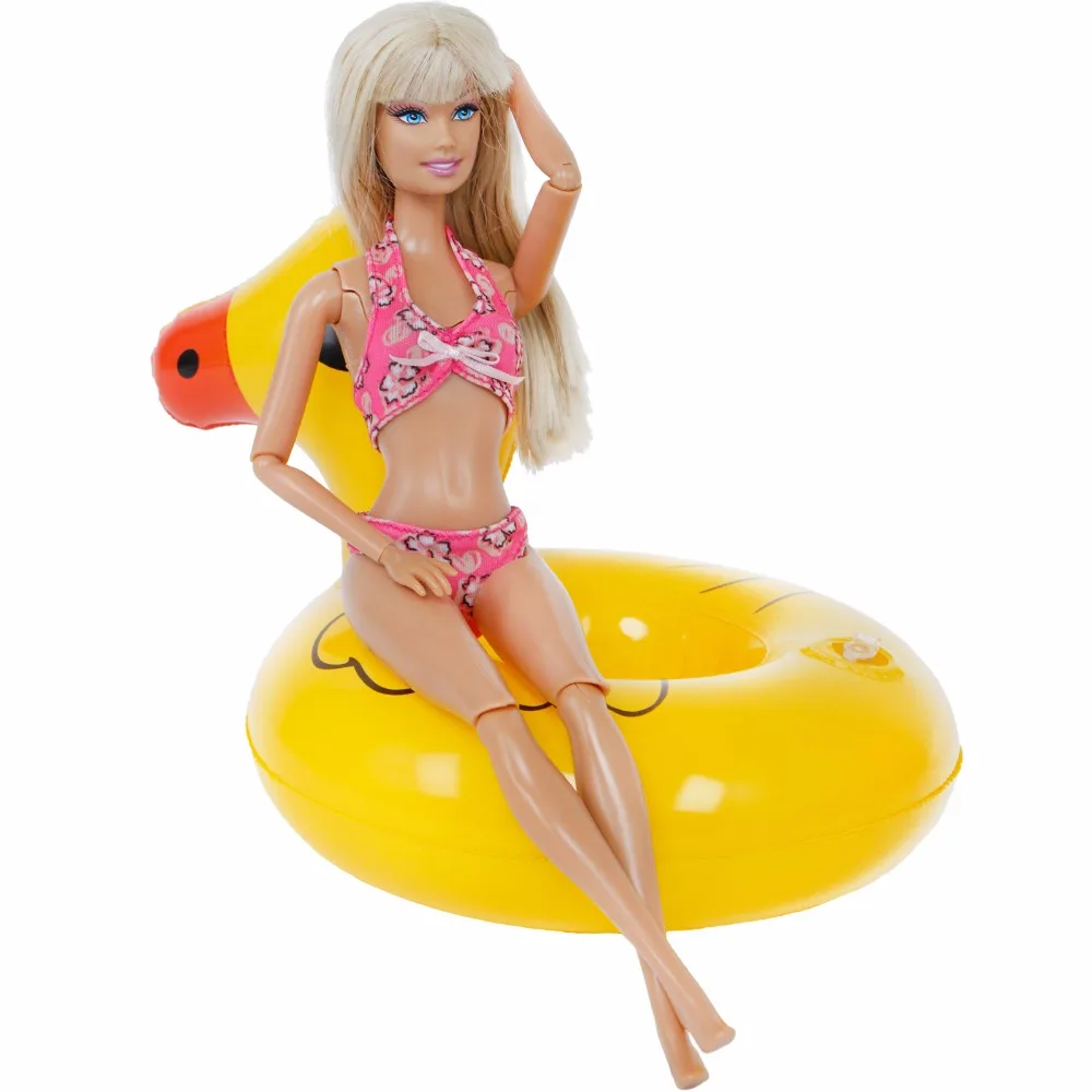 2 Items =1x Pink Swimsuit Beach Bathing Bikini Swimwear + 1x Yellow Duck Swimming Lifebuoy Pool Accessories For Barbie Doll Toys | Игрушки и
