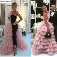pink and black colors tiered strapless celebrity dresses red carpet women dresses lady court train backless vestidos long