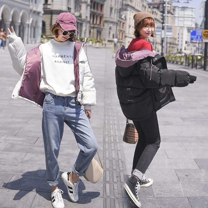 Капюшон большой воротник из искусственного меха короткая стильная пуховая