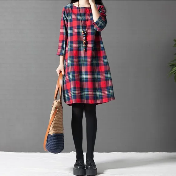 Red Зимнее платье Vestidos, женское клетчатое платье размера плюс 4XL, с длинным рукавом, хлопок, лен, длина до колен, Повседневное платье-рубашка, Robe Mujer - Цвет: Red