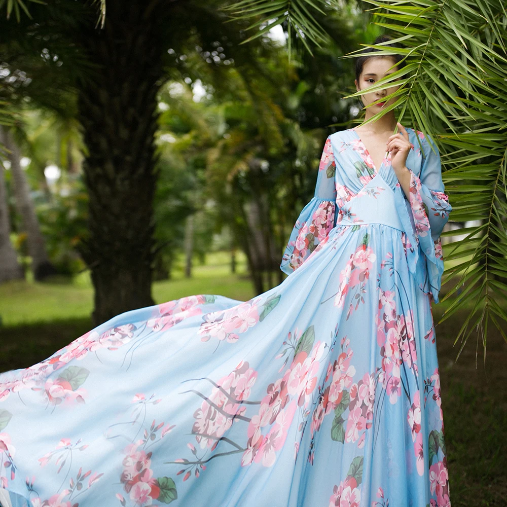 Женское винтажное шифоновое платье макси с v образным вырезом и расклешенными