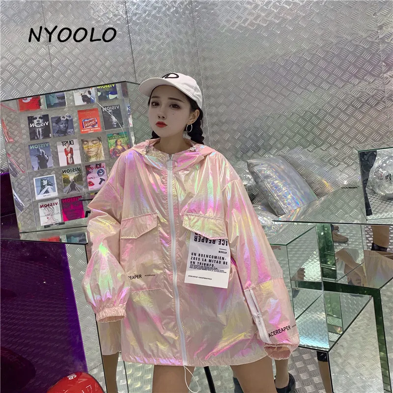 NYOOLO Harajuku Стильное яркое тонкое солнцезащитное пальто летняя уличная куртка с большим карманом и длинным рукавом на молнии с капюшоном женская верхняя одежда