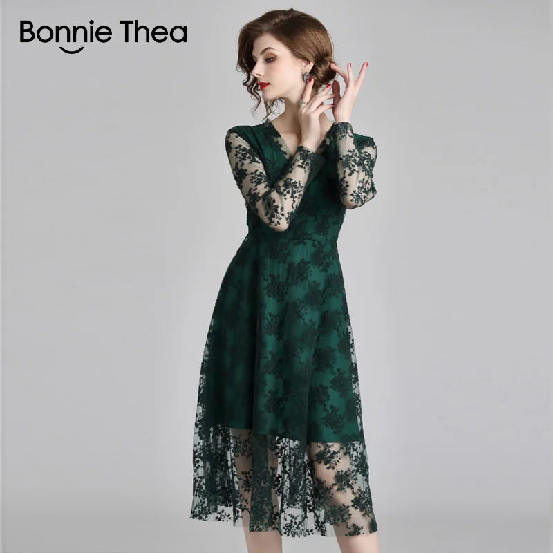 Bonnie Thea женское зеленое кружевное длинное платье осеннее с длинным рукавом
