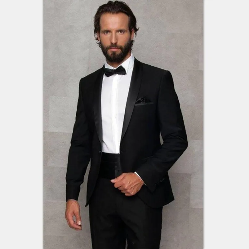 

High Quality Wedding Suits Groom Tuxedos Black Shawl Lapel Groomsmen Suit Best Man Business Prom Party Suit (Jacket+Pants)