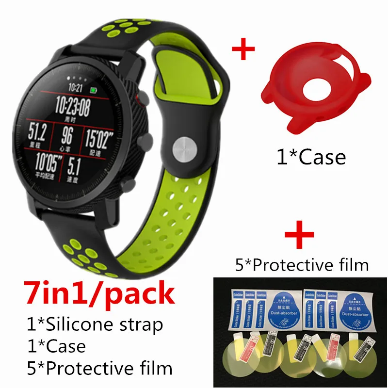 Black green 2 7в1 22 мм двухцветный силиконовый ремешок для часов Xiaomi Huami Amazfit Stratos 2 Rhythm ремешок+ чехол+ 5 шт. защитная пленка - Цвет: Black green 2