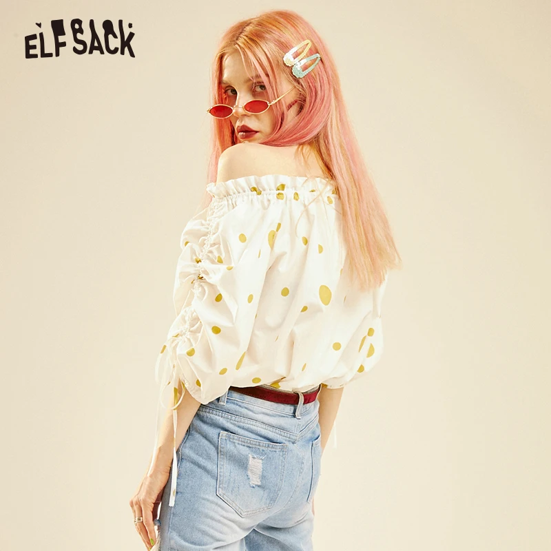 ELFSACK белые в горошек хлопковые с открытыми плечами женские рубашки сексуальные