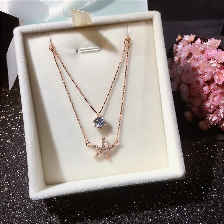 

Fashion New Arrival Double Layers AAA Zircon Sparkling Starfish Pendant Pure 925 Sterling Silver Chain Necklace Cute Women Gift
