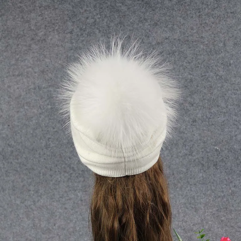 

Women Skull Beanie Hat Elegant Real Raccoon Fur Pompom Cap Colorful Knitted Wool Hat Soft Baseball Ski Hat