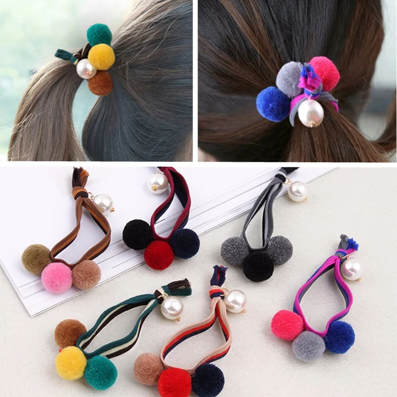 New 3 Balls Pearls Striped Elastics Hair Bands Rubber Girls Women Cute Headwear Tie Gum Ponytail Holders Accessories |