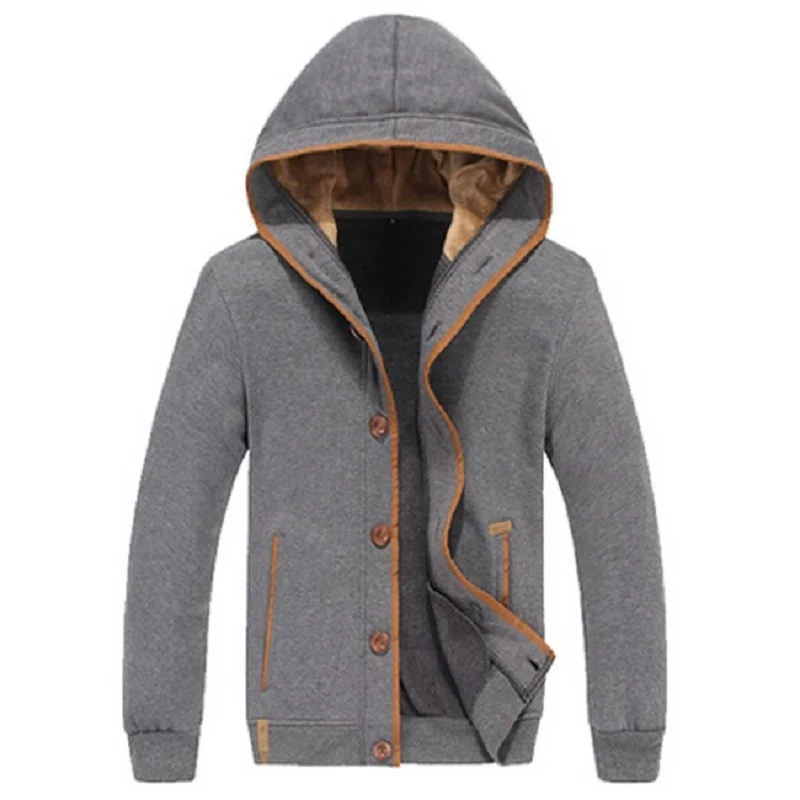 Gray Мужские флисовые однобортные толстовки с капюшоном и заплаткой на локоть, мужские повседневные толстовки, осенне-зимние модные толстовки - Цвет: Gray
