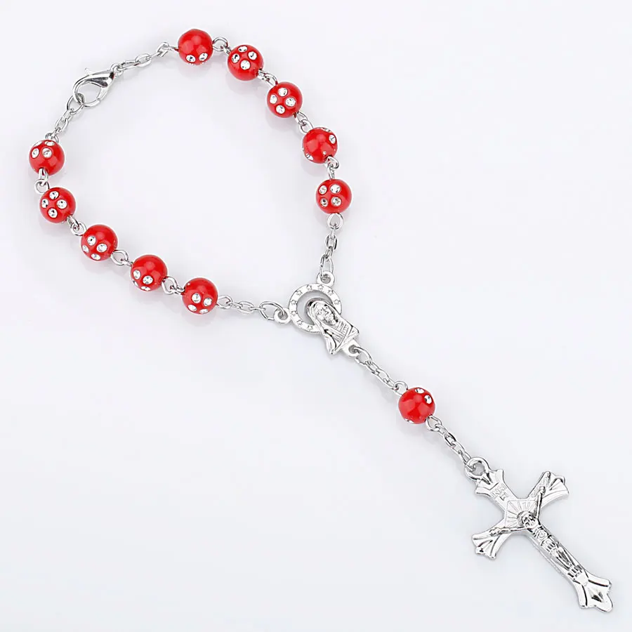 66004622 Colorful Beads Catholic Rosary Bracelet Blue Red Color Auto Rosary Car Rosary INRI Cross Mary Charms Lobster Clasp - Окраска металла: 66004622