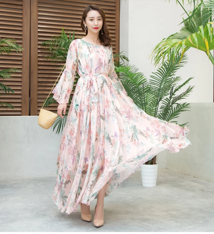 Длинный Макси шифоновый платье femme vestidos с расклешенными рукавами цветочный принт розовое платье бохо шик хиппи женское платье Подиум лето пляж