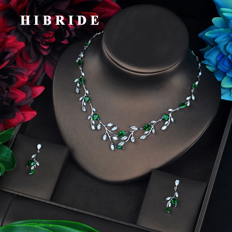 

HIBRIDE Luxury Leaf Shape Green CZ Stone Jewelry Set For Women parure bijoux femme mariage Engagement Set N-659