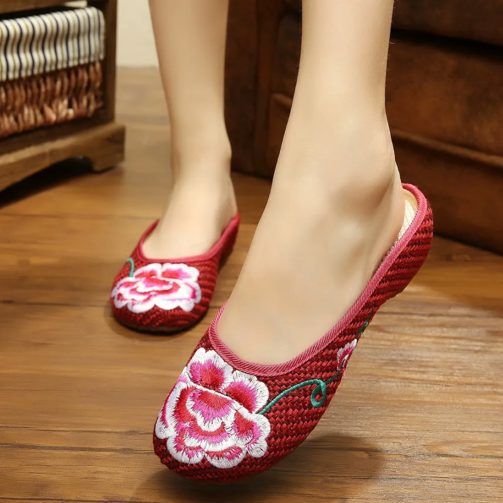 Flower sandals Linen Size(36-40) Beige+Wine red Summer Chinese Style Casual Breathable Antiskid Peony Embroidery slipper | Обувь