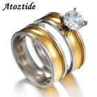 Модные парные кольца Atoztide 2 шт.компл. с фианитами, золотого цвета, из нержавеющей стали, обручальные кольца для влюбленных, подарок