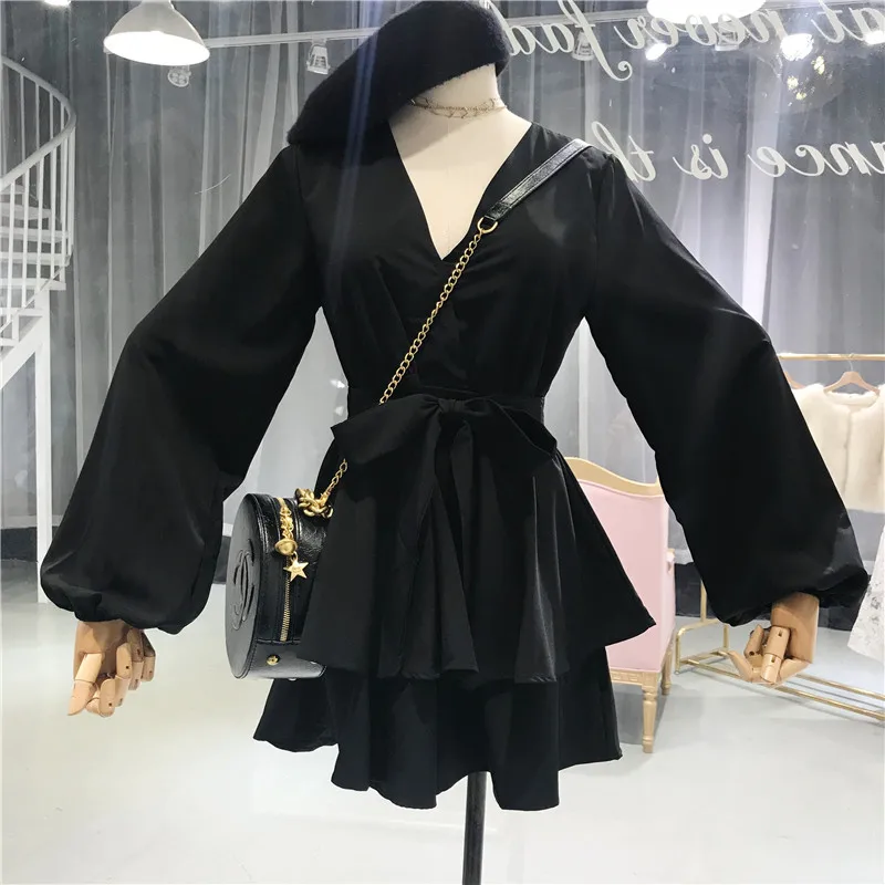 ALPHALMODA Осенний комбинезон с длинными рукавами и поясом-бантом, Одноцветный облегающий женский модный комбинезон с глубоким v-образным вырезом - Цвет: Черный