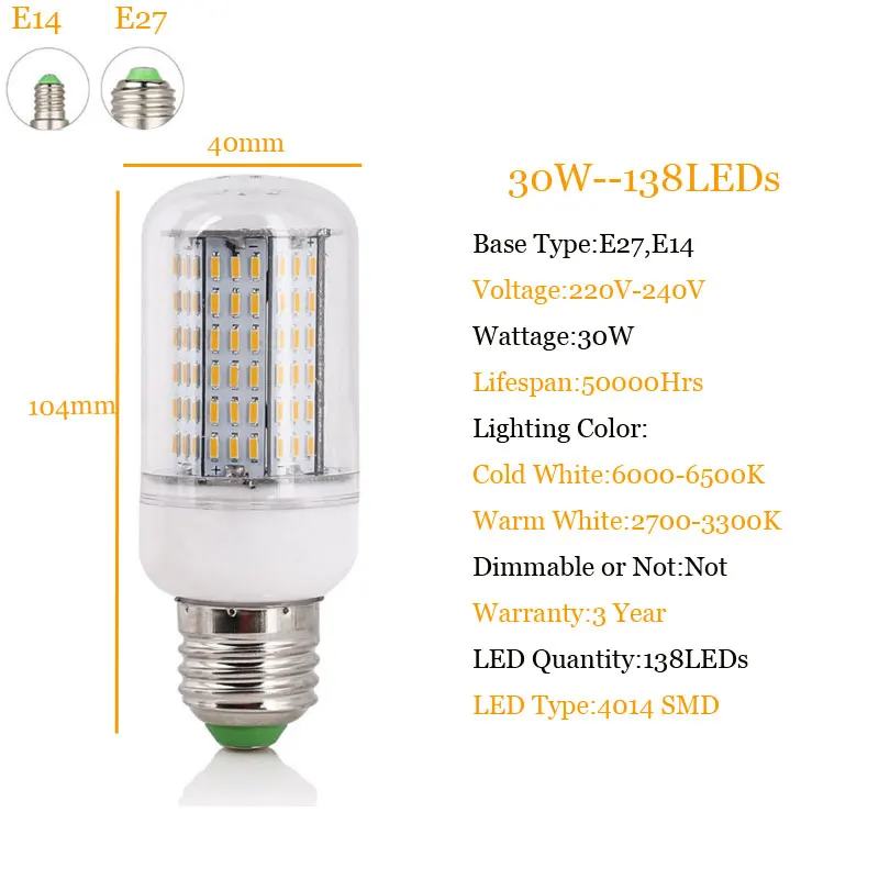 Светодиодный лампы E27 E14 SMD 4014 светодиодный потолочный светильник 36 45 56 72 126 138 162 светодиодный s AC 220V светодиодный кукурузная лампа светильник люстра, 7 Вт, 9 Вт, 15 Вт, 20 Вт, 25 Вт 30 Вт 35 Вт