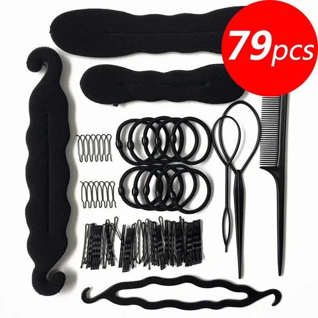 79pcs style 5 Женские однотонные аксессуары для волос черная губка для волос пончик Быстрый грязный пучок прическа инструмент повязка для волос твист заколка для волос головной убор - Цвет: 79pcs style 5